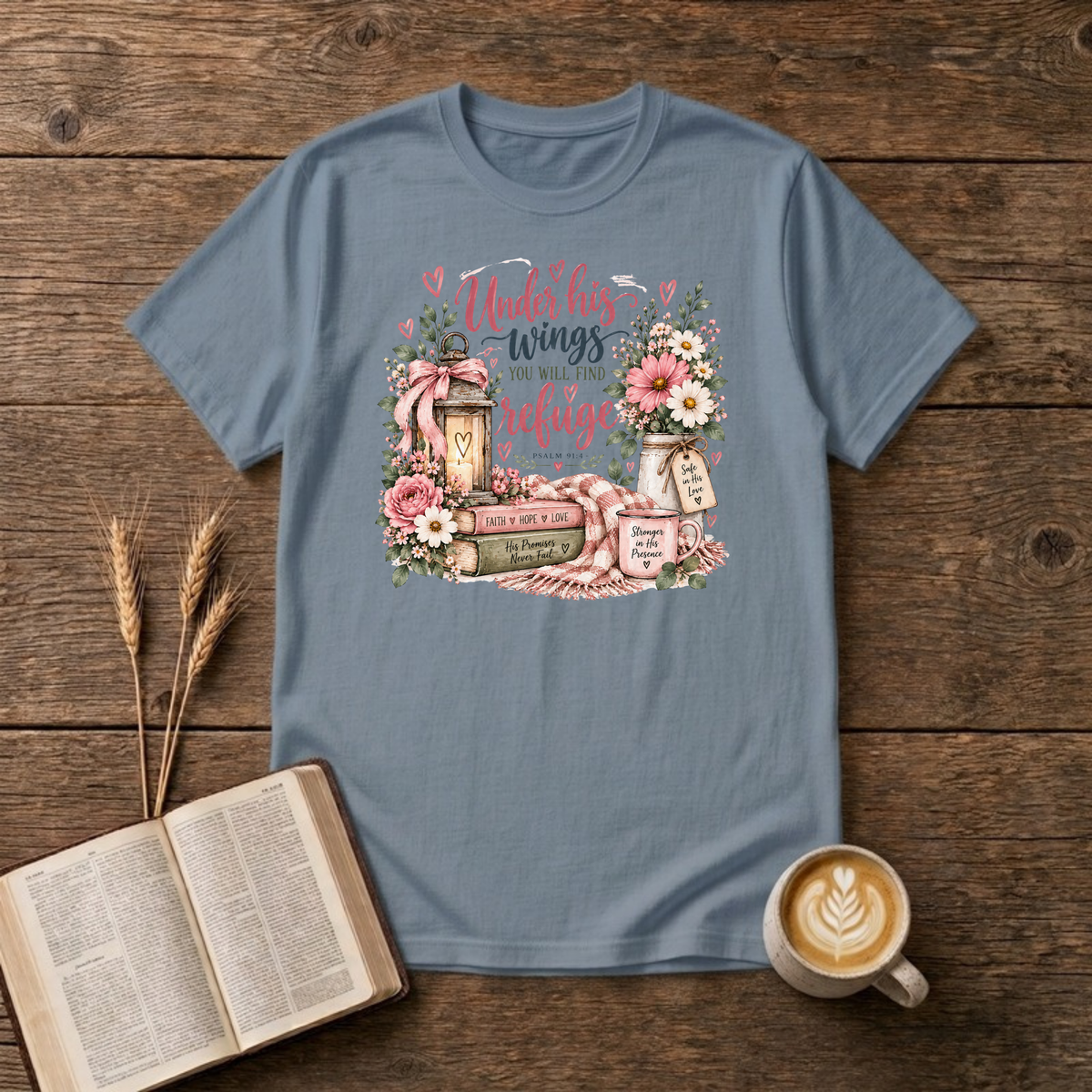 Under His Wings T-Shirt in Stone Blue, Psalm 91:4 pink script with roses, lantern and books faith graphic