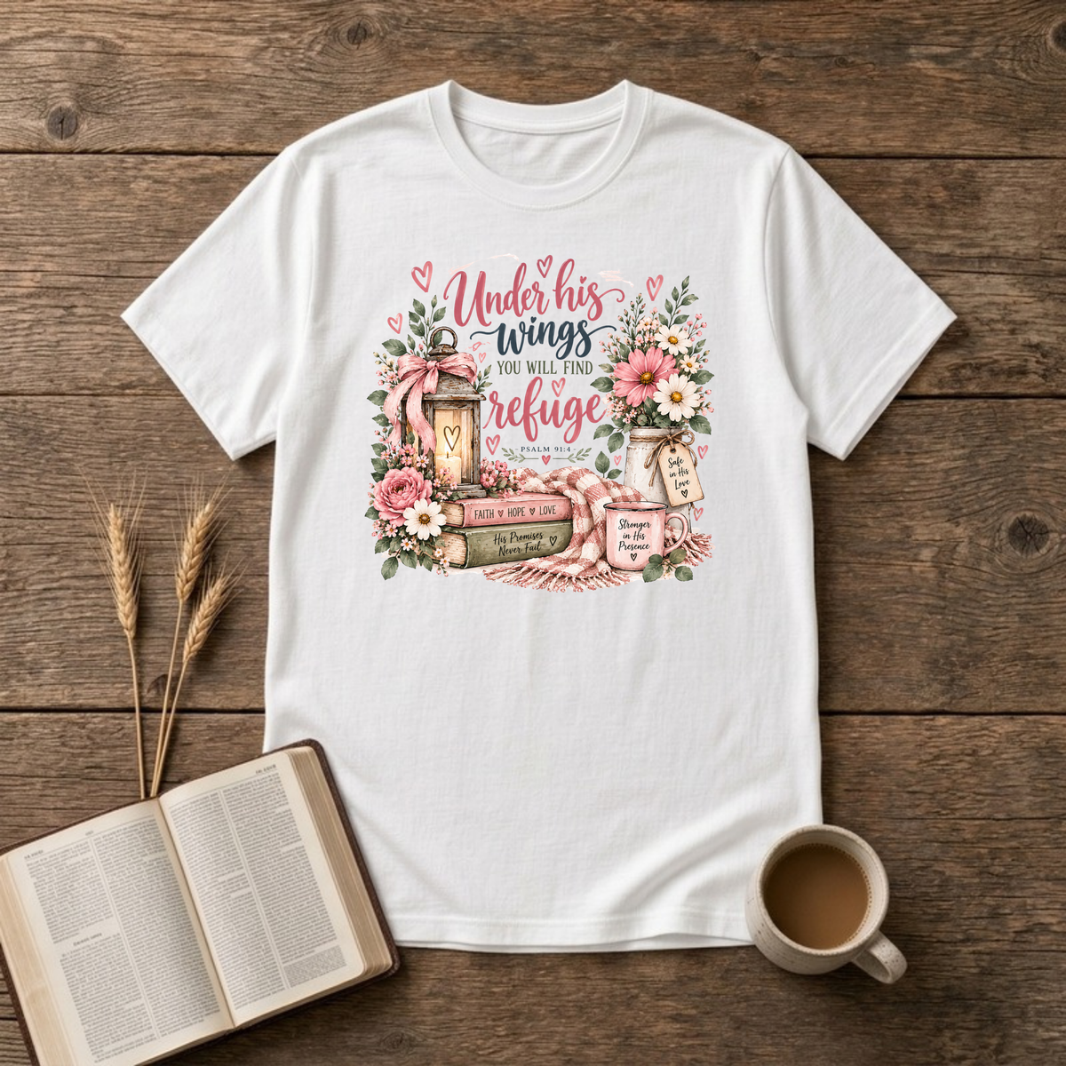 Under His Wings T-Shirt in White, Psalm 91:4 pink script with roses, lantern and books faith graphic
