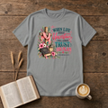 When Life Feels Uncertain T-Shirt in Sport Grey, Jeremiah 29:11 wooden cross with pink flowers and Bible faith graphic