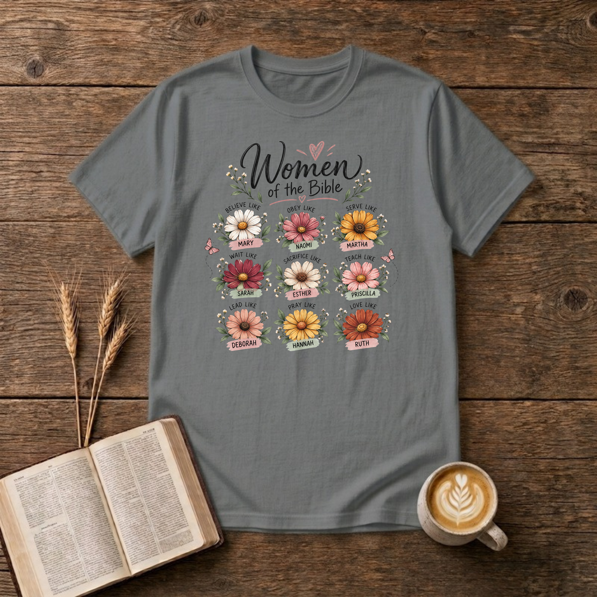 Women of the Bible T-Shirt in Graphite Heather, nine daisies naming women of faith script graphic