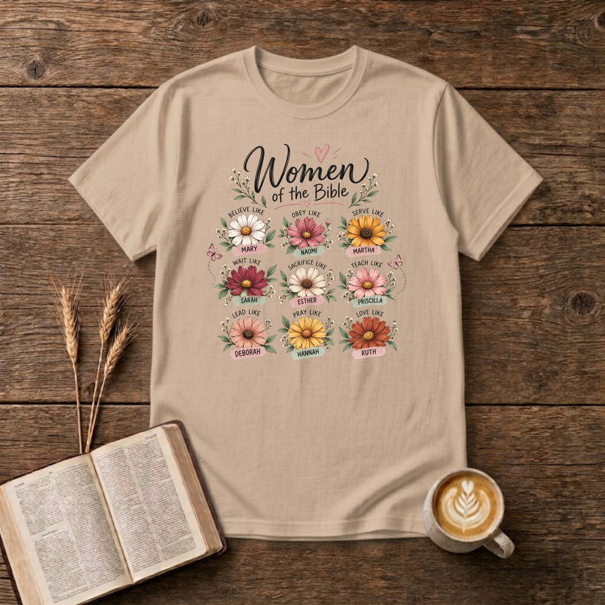 Women of the Bible T-Shirt in Natural, nine daisies naming women of faith script graphic