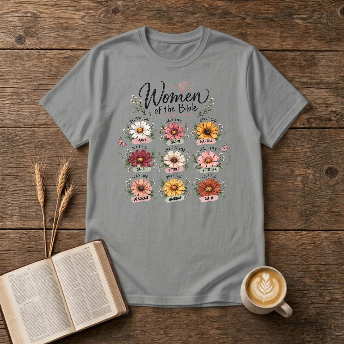 Women of the Bible T-Shirt in Sport Grey, nine daisies naming women of faith script graphic