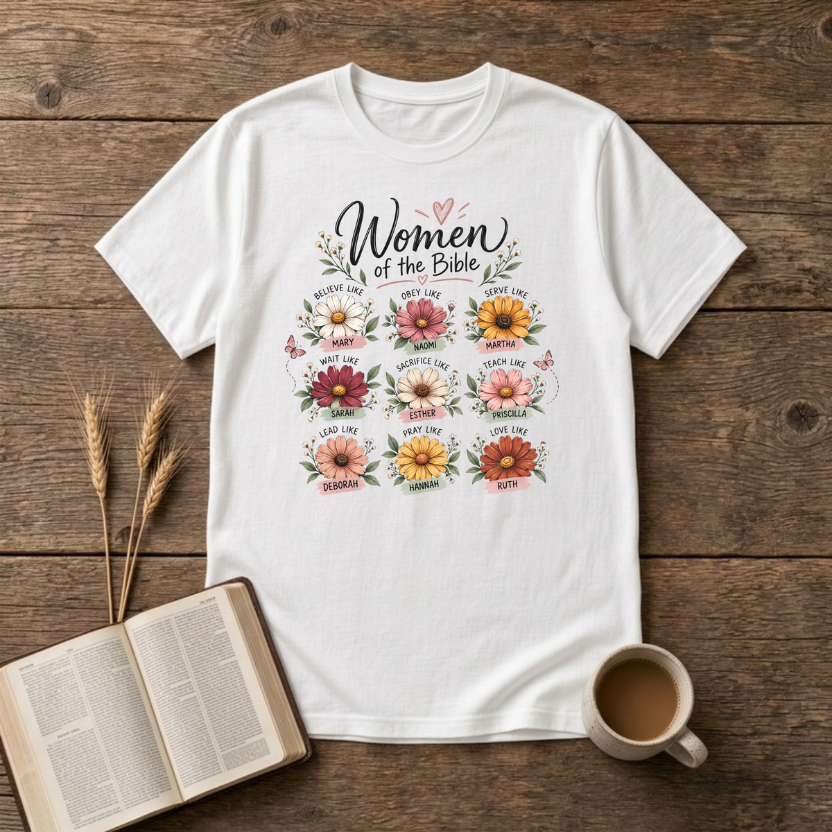 Women of the Bible T-Shirt in White, nine daisies naming women of faith script graphic
